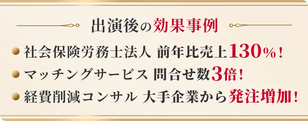 出演後の効果事例 社会保険労務士法人、前年比売上130%! マッチングサービス、問合せ数3倍! 経費削減コンサル、大手企業から発注増加!